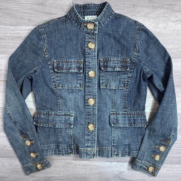 Denim Jacket Buttons High Collar Pockets Y2K Downtown Girl Size 4 - Picture 2 of 8